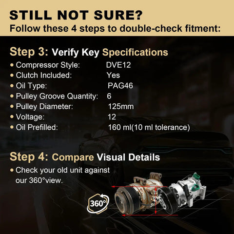 Image showing specifications for Top Shelf Air Conditioning Compressor With Heavy Clutch Quick Fix Fitment For Hyundai Accent And Kia Rio 2012 To 2017.