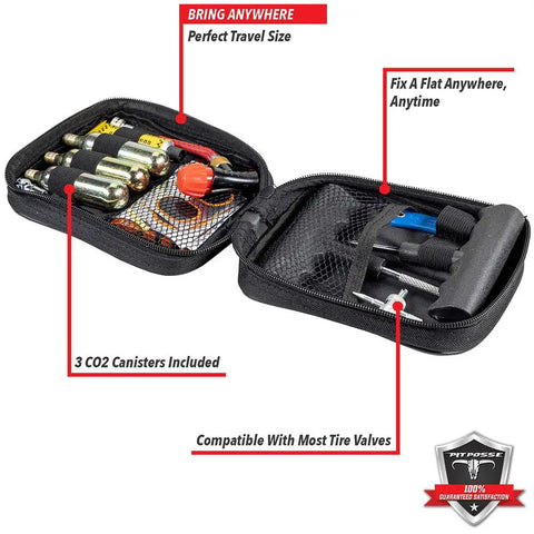 Motorcycle Tire Repair Kit With CO2 Inflator And Cartridges For Tubeless And Tube Tires, compact travel case with tools and cartridges