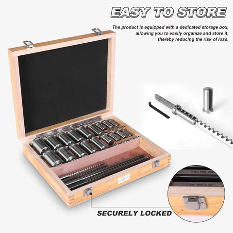 Keyway Broach Kit And Rectangular Broaching Set With 5 Broaches, 18 Bushings, 7 Shims in wooden storage box for metalworking
