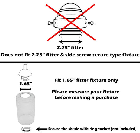 Diagram showing compatibility of Seeded Bubble Glass Cylinder Shade For Light Fixtures 3 Pack Clear Replacement Fits 1 Inch By Five Eighths Fitter Modern Vintage Glow Keeps Your Ceiling Light Lit with 1.65-inch fitter.