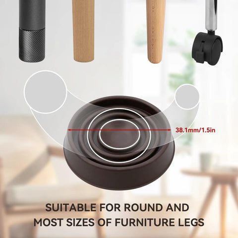 1.5 Inch Round Rubber Furniture Caster Cups 4 Pack Dark Brown Floor Protectors with measurement diagram for chair legs