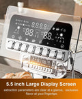 Top Shelf Semi Automatic Espresso Machine With Built In Grinder And Milk Frother, Dead Simple Setup On A Giant Touchscreen, 15 Bar Pressure, Pid Temperature Control, Chill Home Barista Vibes showing a 5.5 inch large touchscreen display with clear extraction parameters.