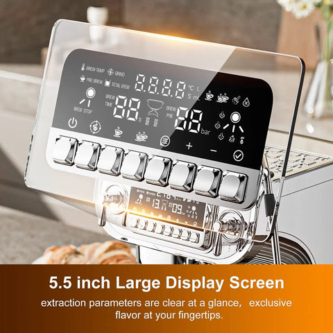 Top Shelf Semi Automatic Espresso Machine With Built In Grinder And Milk Frother, Dead Simple Setup On A Giant Touchscreen, 15 Bar Pressure, Pid Temperature Control, Chill Home Barista Vibes showing a 5.5 inch large touchscreen display with clear extraction parameters.