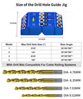 Aluminum Angle Drill Guide Jig With 30 45 90 Degree Settings and included titanium-coated drill bits, dimensions and sizes shown.