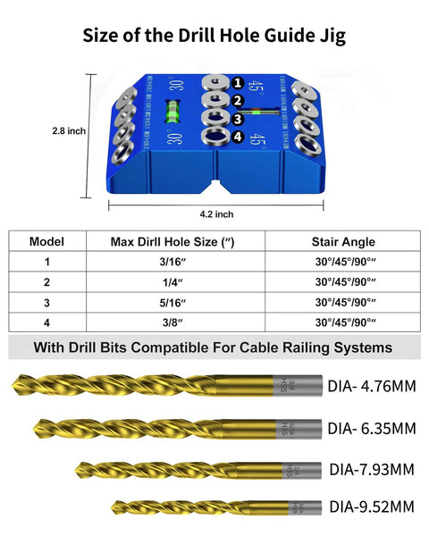 Aluminum Angle Drill Guide Jig With 30 45 90 Degree Settings and included titanium-coated drill bits, dimensions and sizes shown.