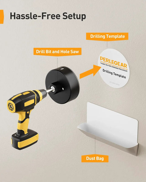 TV Cord Hider For Wall Mounted TV And Speakers, In Wall Cable Management Kit with drill, hole saw, template, dust bag visible.