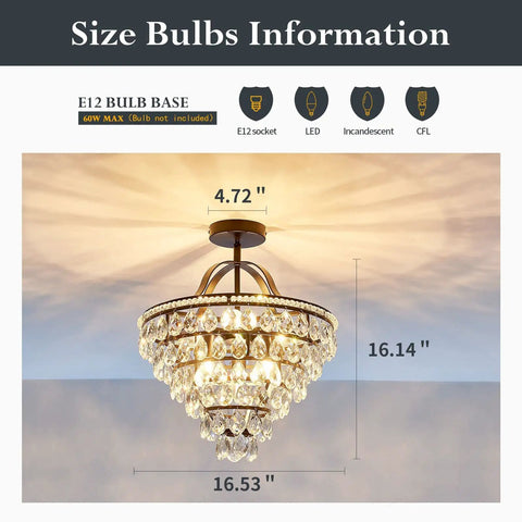 5 Light Crystal Chandelier Ceiling Light Fixture Semi Flush Mount Black Finish, E12 Indoor Lighting dimensions overview