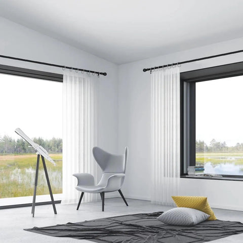 Room with large windows using Five Eighth Inch Matte Black Heavy Duty Stainless Steel Curtain Rods You Can Extend From 48 To 92 Inches