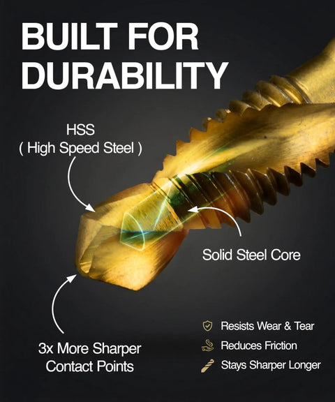 Close-up of All-In-One Drill Tap Bit Set 6-Piece HSS Titanium-Coated showing solid steel core and sharp contact points.