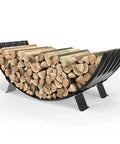 40 Inch Diameter Sector Firewood Rack Storage Built From 0.8Mm Thick Galvanized Steel With Wave Pattern And Four Stable Feet Heavy Duty Black Coated For Indoor Outdoor Wood Storage On Patio Or Deck Built To Last, showing wood logs stored neatly.