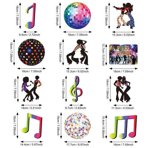 53 Piece 70s Disco Party Decorations Kit With Hanging Swirls And Disco Ball Cutouts, featuring musical notes and dancers, size details