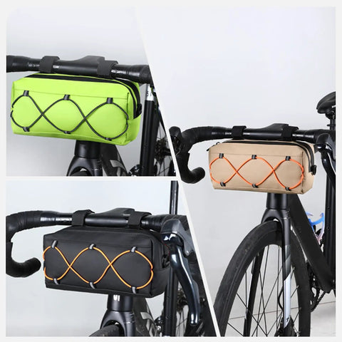 Front Bike Bag Waterproof Big Capacity Handlebar Storage Bag for gear tools snacks water bottle and phone in three colors mounted on bikes.