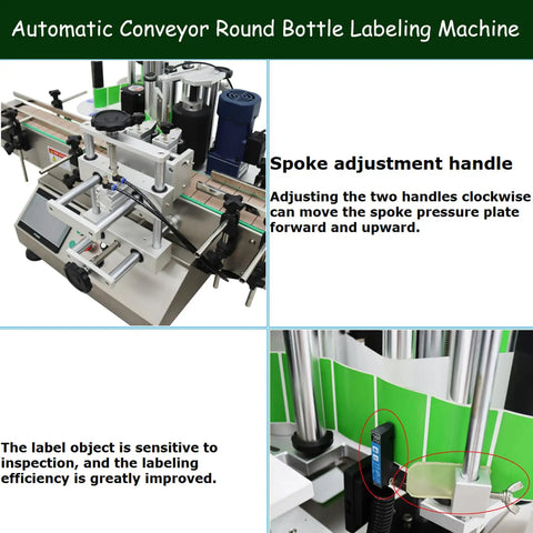 High Speed Fully Automatic Labeling Machine For Round Bottles Delivers Badass Efficiency With Touch Screen Interface showing spoke adjustment handle.