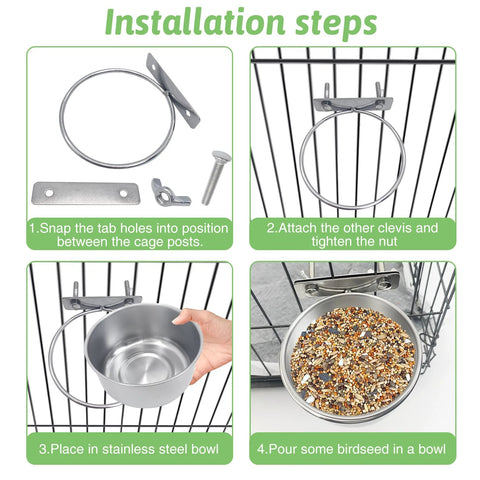 Tfwadmx 4-pack stainless steel bird bowls with clamp for cage; mounting hardware included