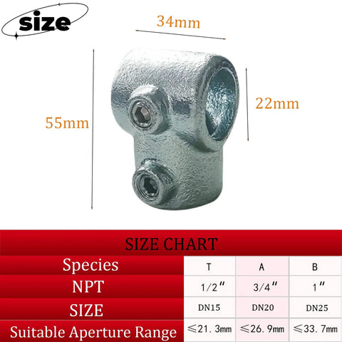 Half Inch Galvanized Steel Pipe Tee Fitting 90 Degree Single Socket 4 Pack Heavy Duty Rail Connector with size dimensions