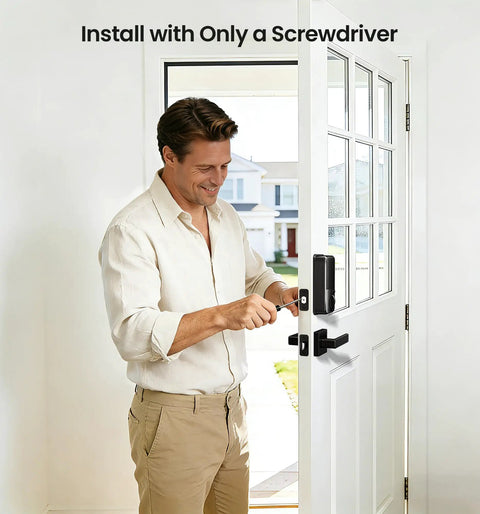 Person installing a Sleek Matte Black Smart Deadbolt With Dual Lever Handles And Rock Solid App Control Plus No Sweat Keyless Entry Passcodes Apple Watch Pairing And Fast Auto Lock For Smooth Home Security using a screwdriver.
