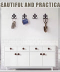Built Like A Tank 8 Pack Double Wall Hooks Heavy Duty Wrought Iron Cast Iron Vintage Hangers Decorative Coat Towel Key Holder With Installation Hardware For Home Garage Shed Storage Solutions on a wall.