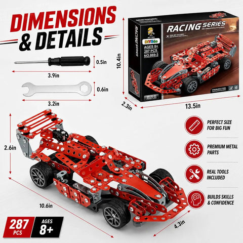 Metal Model Racing Car Kit With 287 Pieces For Kids 8 Plus STEM Building Toy showing dimensions and tools included.