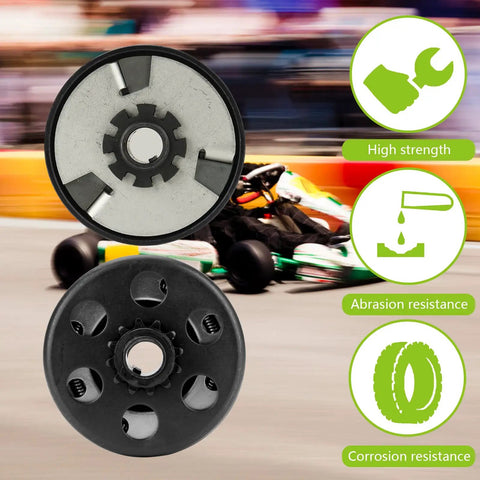 12 Tooth Centrifugal Clutch With Three Quarters Inch Bore For 2 To 6.5 HP Engines 2300 RPM Engagement Fits 35 Chain For Predator 212cc Honda GC160 GC190 GX120 Go Kart Minibike Fun Kart over racing background with features highlighted