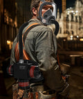 Worker wearing High Efficiency PAPR Respirator System with 170 L per minute adjustable airflow on construction site at night