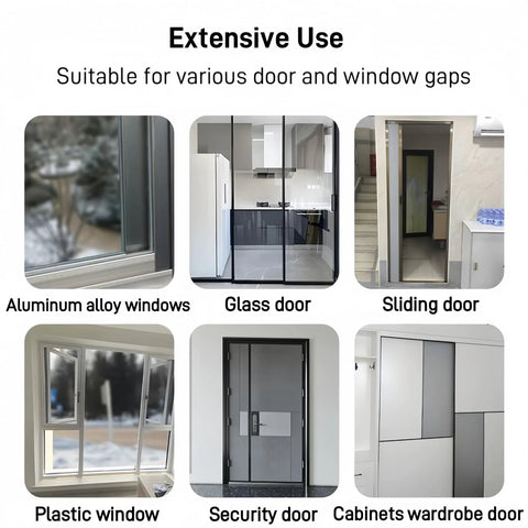 Window weather-stripping collage: aluminum window, glass door, sliding door, plastic window, security door, wardrobe door