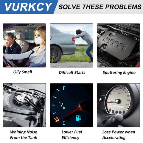 Collage illustrating fuel pump issues: oily smell, difficult starts, sputtering engine, noise from tank, low efficiency, acceleration loss.