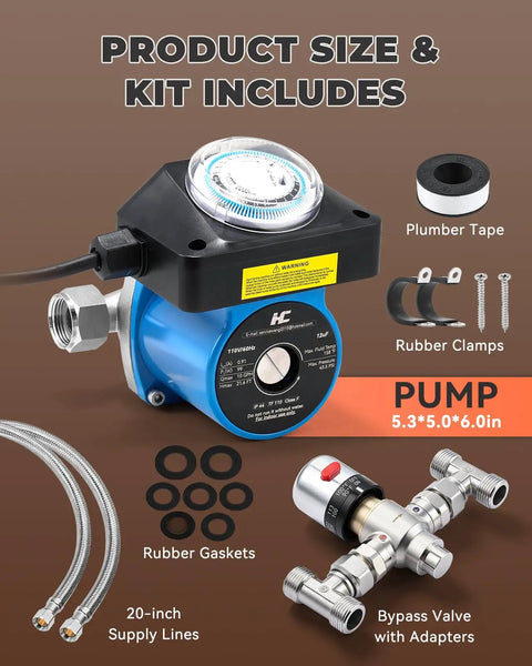 Hot Water On Tap Recirculation System For Tank Heaters With Adjustable 68 To 118 Degree Bypass Valve, 20-inch supply lines and compressor.