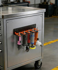 Rock Solid Wall Mount Air Tool Holder Lockable Five Slot Pneumatic Rack For Garage Shop Stash quick swap gear organizer with tools.