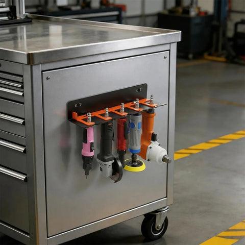 Rock Solid Wall Mount Air Tool Holder Lockable Five Slot Pneumatic Rack For Garage Shop Stash quick swap gear organizer with tools.