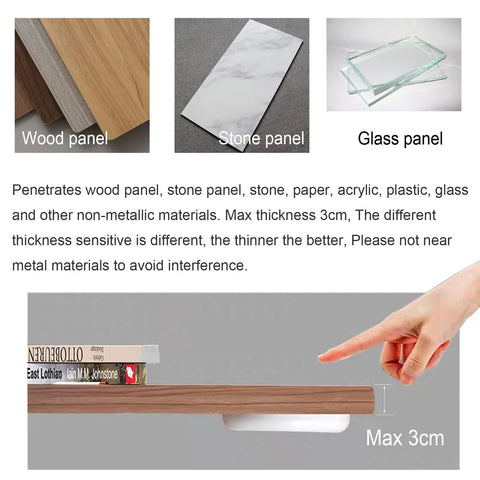 Demonstrating hidden touch sensor switch under wood, stone, glass panels; activates 110V 250W lamp, no hole needed.