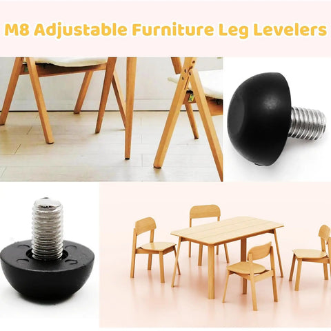 Adjustable M8 Furniture Leg Levelers With Stainless Steel Screws, 8mm Thread, 1.25mm Pitch, shown with chairs and table