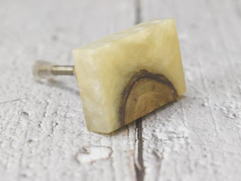 Set Of 6 Handmade Wood Resin Cabinet Knobs Rectangular Drawer Pulls For Kitchen Wardrobe Dresser showing a close-up view of a yellow resin and wood knob.