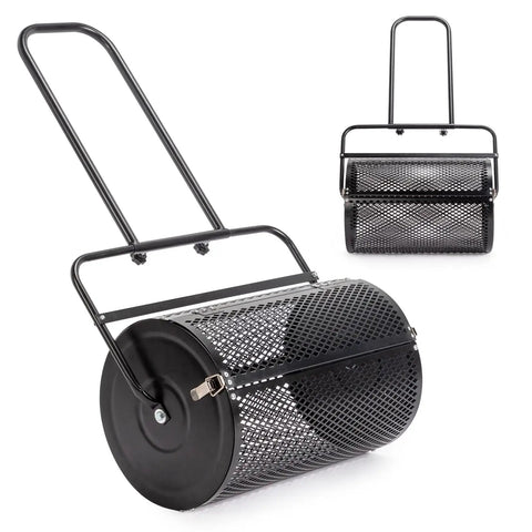 24 Inch Lawn And Garden Compost Spreader Workhorse Build With Heavy Duty Powder Coated Steel Roller displayed from side and front view