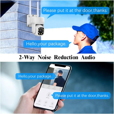 3K Ultra HD PT Wireless Security Camera System With AI Human Tracking showcasing two-way audio feature with mobile app UI.