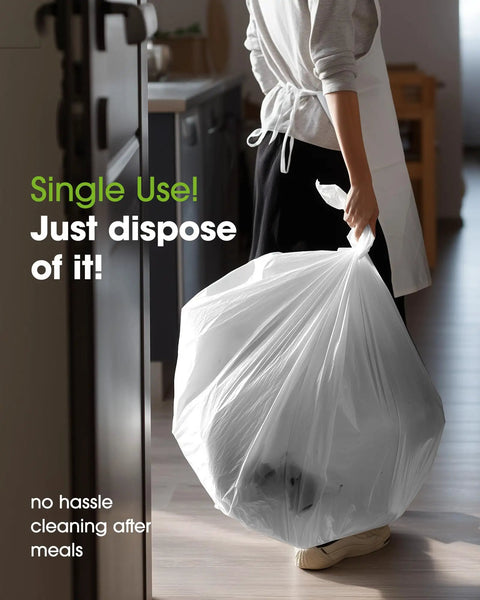 Heavy Duty White Disposable Tablecloths 8 Pack 54 By 108 Inches being carried in a kitchen for easy cleanup after meals.
