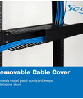 2U Finger Duct Cable Manager Panel with cover, installed on 19 inch rack, concealing blue cables for clean wiring.