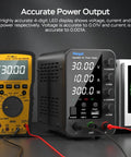 Beefy Variable DC Power Supply 0 To 30V 0 To 10A With Encoder Coarse And Fine Adjustments Knob Regulated next to multimeter and oscilloscope.