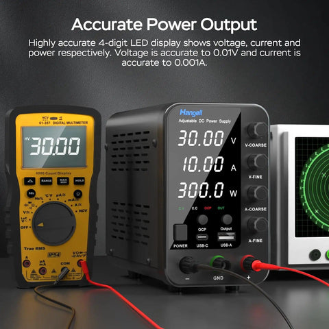 Beefy Variable DC Power Supply 0 To 30V 0 To 10A With Encoder Coarse And Fine Adjustments Knob Regulated next to multimeter and oscilloscope.