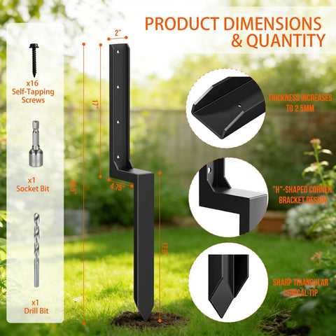 Heavy Duty Fence Post Repair Kit With Thickened Steel Post Anchor Ground Spike Quick Fix For Broken Or Leaning Wood Fence Posts Wooden Fence Post Stabilizer Stakes 4 Pack Black dimensions and components shown