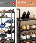 Hella Compact Six Tier Shoe Rack Organizer With Hook And Side Pocket Fits Twenty Four To Thirty Pairs Boots And Sneakers Free Standing Entryway Closet And Hallway Cabinet That Takes Zero Room And Sets Up Like A Dream showing two shoe racks with stable placement.