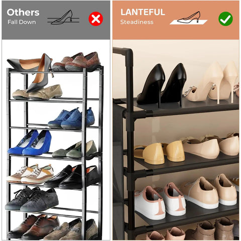 Hella Compact Six Tier Shoe Rack Organizer With Hook And Side Pocket Fits Twenty Four To Thirty Pairs Boots And Sneakers Free Standing Entryway Closet And Hallway Cabinet That Takes Zero Room And Sets Up Like A Dream showing two shoe racks with stable placement.