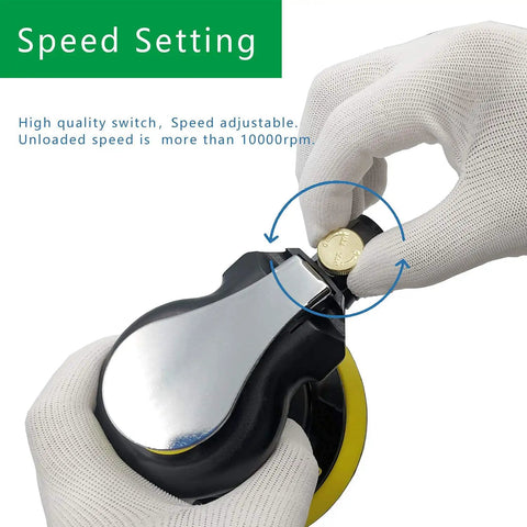 Hands adjusting the speed dial on a Dual Action Pneumatic Sander with Vacuum Extraction, showcasing its speed settings.