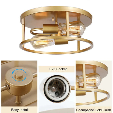 Dope Gold Flush Mount Ceiling Light 12 Inch Modern Round Fixture with Two Lights, Champagne Gold Finish, Industrial Style
