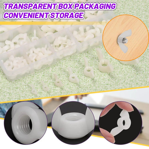 White Nylon Wing Nuts Assortment Kit With 110 Pieces And Seven Metric Sizes M3 M4 M5 M6 M8 M10 M12 in transparent storage box.