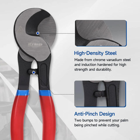 Pro Grade Heavy Duty Cable Cutter And 9 Inch Wire Snips showing high-density steel blades and anti-pinch design for precision cutting.
