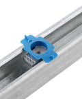Close-up of a heavy duty solar panel clamps kit for one and five eighths inch strut rails with blue mounting bracket.