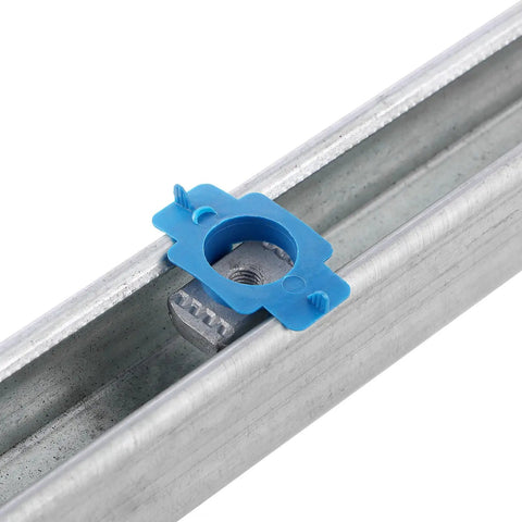 Top Shelf Heavy Duty End Clamps For Solar Arrays secured on 1-5/8 inch strut channel with blue clip detail.