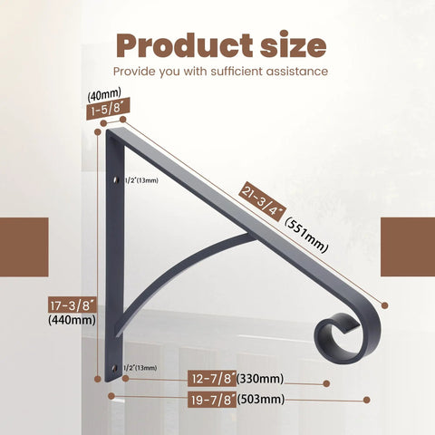 Industrial Grade Wall Mount Handrails For Outdoor Steps And Decks Featuring Wrought Iron Safety Rails With Curved Grips That Are Straight Up Rock Solid And Provide Maximum Safety Year Round size dimensions and details