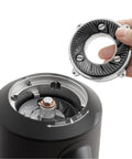 Dope Single Dose Electric Coffee Grinder Featuring 64Mm Titanium Flat Burrs And Stepless Adjustment, showing removable titanium burrs.