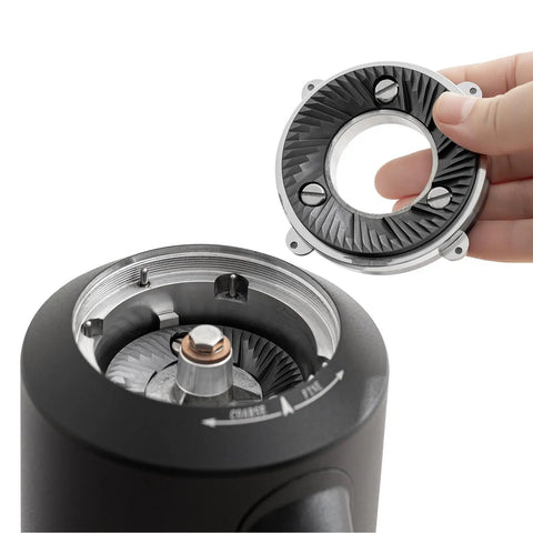 Dope Single Dose Electric Coffee Grinder Featuring 64Mm Titanium Flat Burrs And Stepless Adjustment, showing removable titanium burrs.